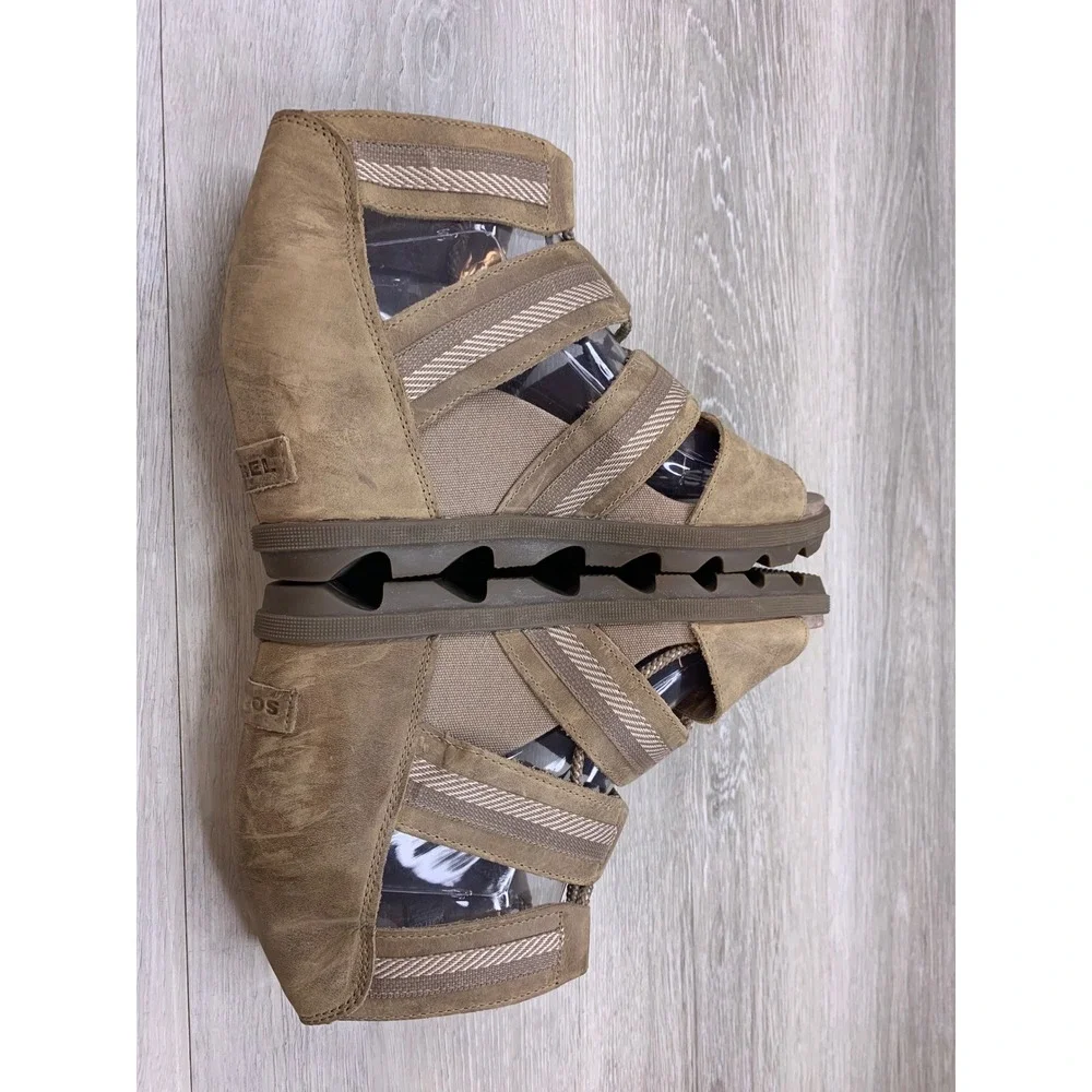Sorel Joanie II Lace Wedge Sandals Tan Leather Women's 10 Casual Shoes
